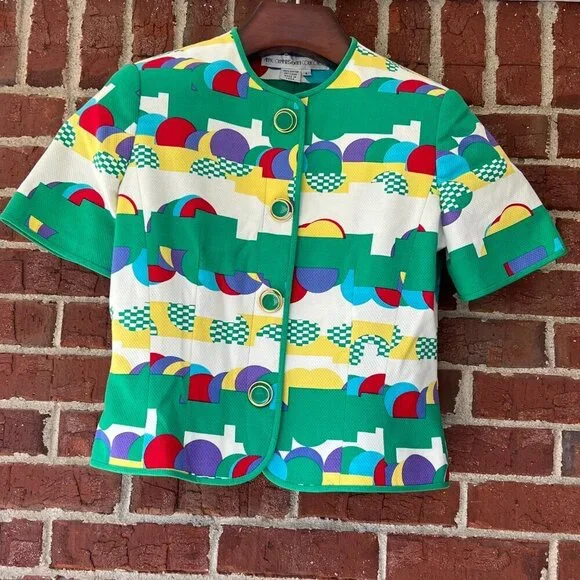 Anne Crimmins Umi Collections Skirt Suit Vintage Multi Color Geometric 4 Spring - Picture 4 of 10